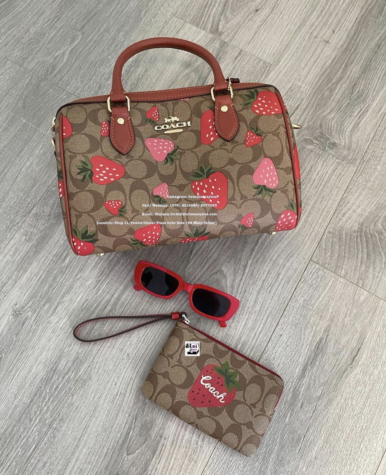 Link to instagram with strawberry Coach bag,  strawberry Coach wallet and Zara sunglasses.